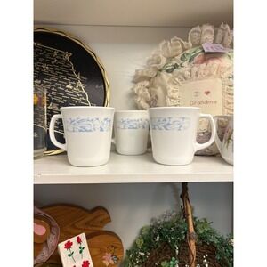 Corelle Sea and Sand Mugs Set of 3 White Blue Floral Vitrelle Glass 4 Inch